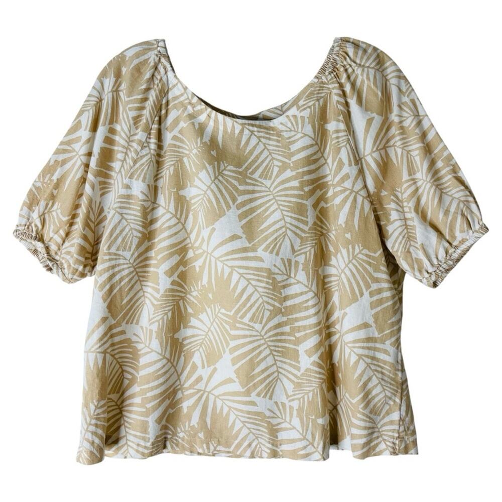 Loft tan white linen tropical palm coastal preppy boxy top medium